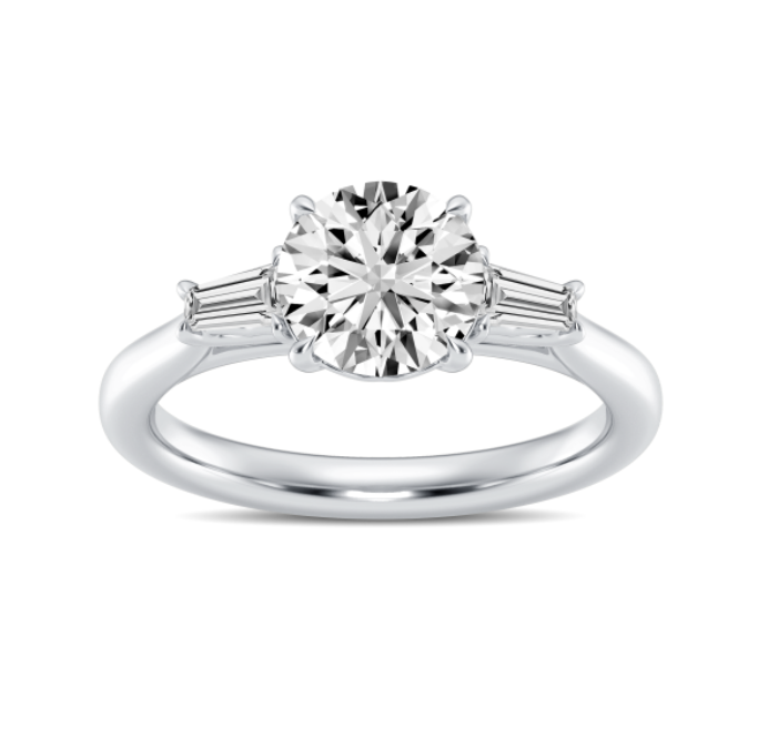 Three Stone Round and Baguette Diamond Engagement Ring