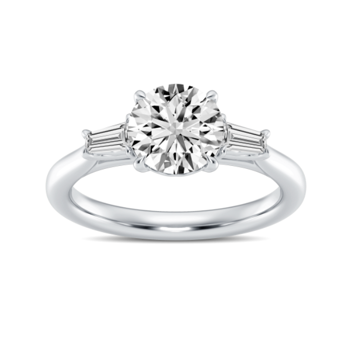 Three Stone Round and Baguette Diamond Engagement Ring