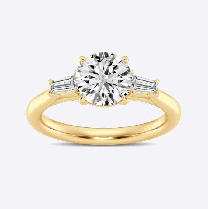 Three Stone Round and Baguette Diamond Engagement Ring